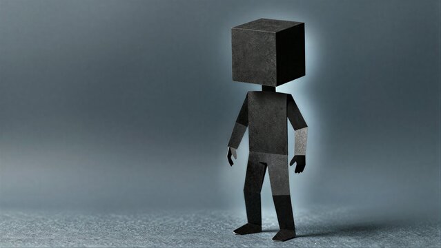 Paper figure with cube head stands alone against muted gray backdrop.