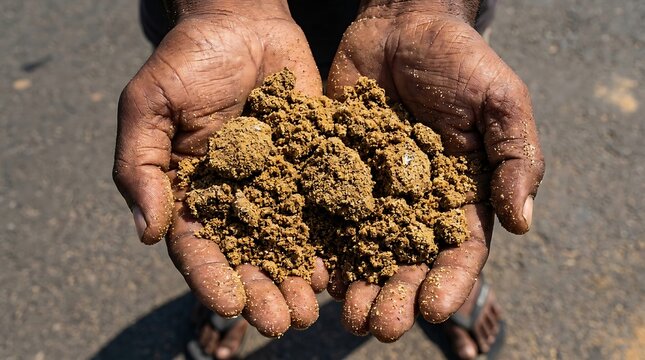 Hands holding a handful of dry dirt with close up of cupped hands holding a large pile of dry earth or soil planet earth soil health land conservat