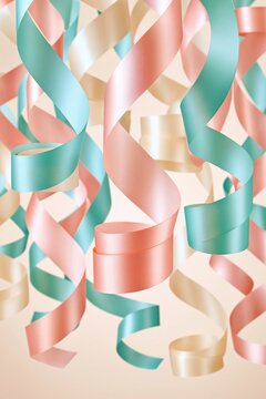 Curling pastel ribbons in soft pink, mint and cream against light background