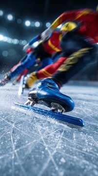 Close-Up of a Speed Skater's Blue Ice Skate Gliding on a Scratched Rink During a Competitive Winter Sports Race with Blurred Rivals in the Background.