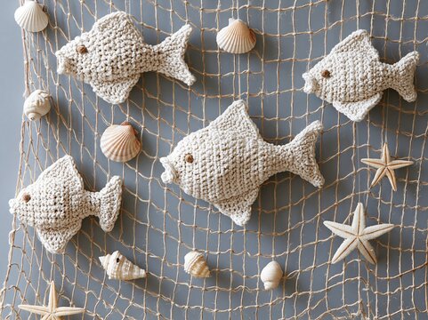 Charming Handmade Crocheted Fish and Seashells Adorning a Fishing Net with Starfish Accent