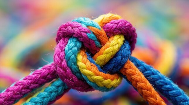 Colorful rope knot tied in a complex intertwined pattern.