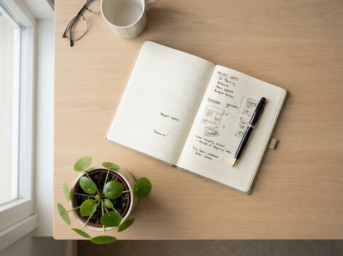 Overhead view of an open notebook with handwritten notes and a pen on a wooden desk.