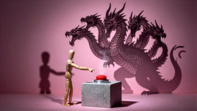 Wooden figure faces ominous dragon shadow, poised to press a red button.