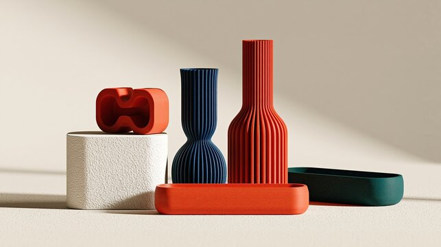 Modern Abstract Sculptural Objects and Vases with Textured Geometric Forms and Warm Sunlight