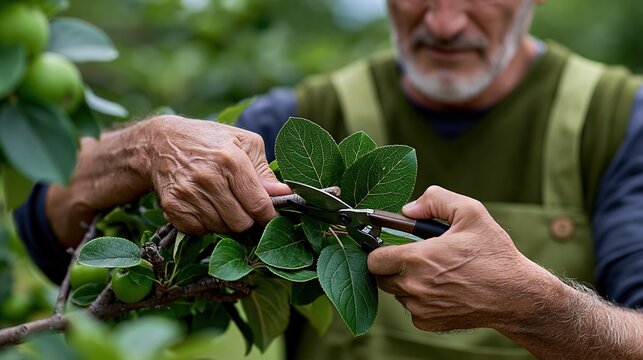 Senior gardener meticulously pruning fruit tree branches with pruning shears in a lush orchard setting, focusing on healthy growth and harvest preparation