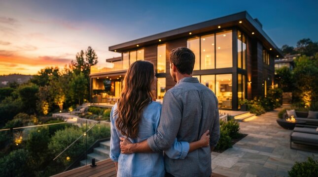 A young couple looking at their new modern house during sunset.