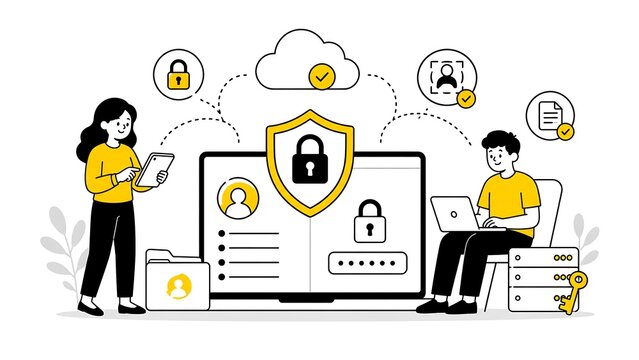 Minimalist, black-and-white characters with yellow advanced data privacy and customer identity protection using secure digital management system