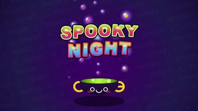 Animated spooky night text with cute cauldron icons on purple