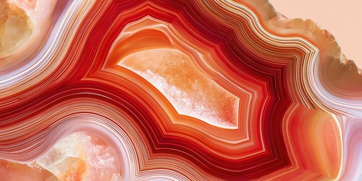 Polished agate cross section with concentric red and orange bands, abstract macro texture