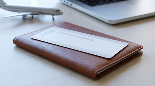Brown Leather Passport Holder and Boarding Pass on a Wooden Desk with a Model Airplane and a Laptop. Perfect for Business Travel, Vacation Planning, Airport Trips and Wanderlust.