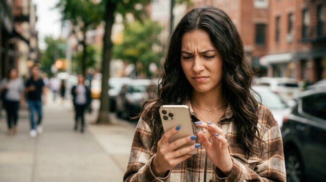 Young woman looking at her mobile phone with an expression of mistrust and doubt.