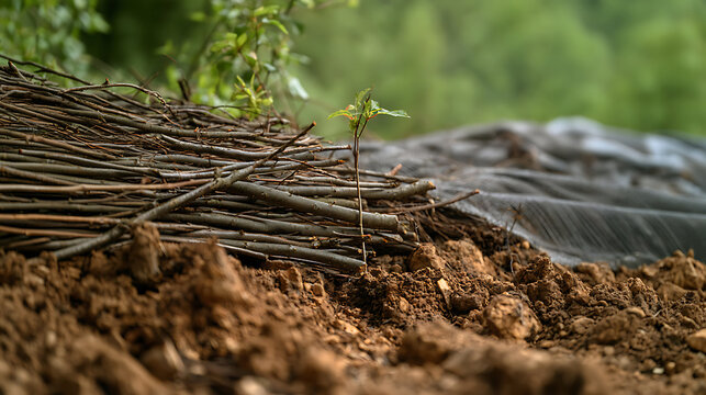 Bundle of Thin Branches Lying on Soil Near Geotextile Fabric