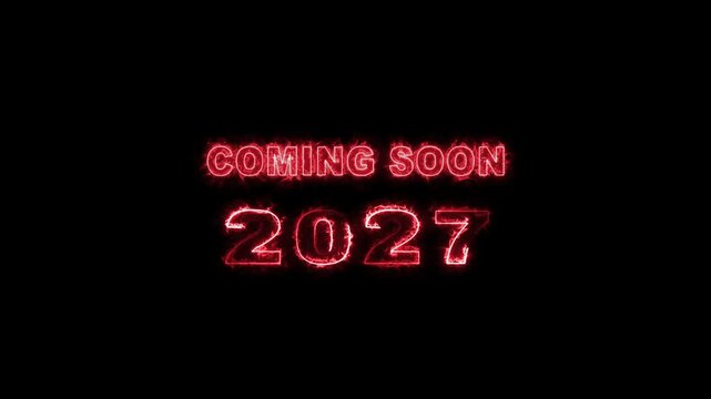 Wide format neon 2027 coming soon text announcement glowing future year number modern. 4k 