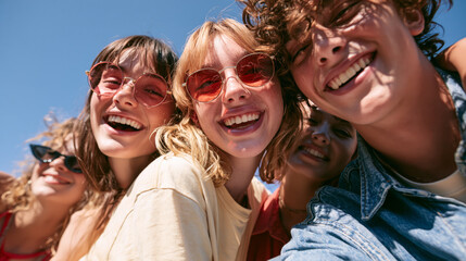 Fototapeta premium Young friends laughing and smiling together outdoors on a sunny summer day wearing sunglasses