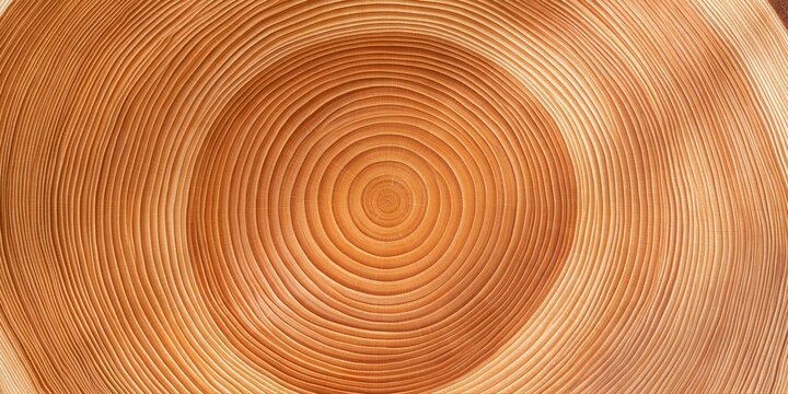 Polished wood cross section with concentric growth rings in warm tones