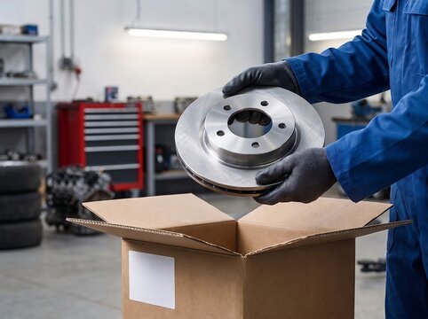 Mechanic Holding New Brake Disc Rotor Over Cardboard Box in Auto Repair Shop &ndash; Car Maintenance, Spare Parts and Vehicle Service Concept