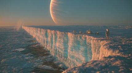Fototapeta premium Expedition on alien ice planet with giant gas planet in sky and icy cliff edge