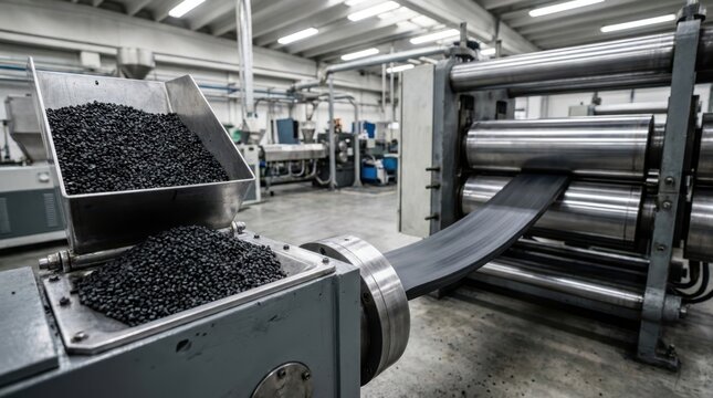 Synthetic rubber manufacturing scene with black granules, twin-screw extruder, rolling mill and uncured elastomer strip.