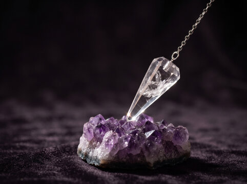 Clear quartz crystal pendulum dowsing over a cluster of purple amethyst crystals on a dark velvet surface for energy healing, divination, and crystal therapy.