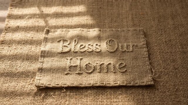 Bless Our Home Embroidered Text on Rustic Burlap Patch with Sunlight Window Shadow Background