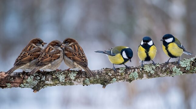 Group of house sparrows and great tits perched together on a lichen covered tree branch in winter