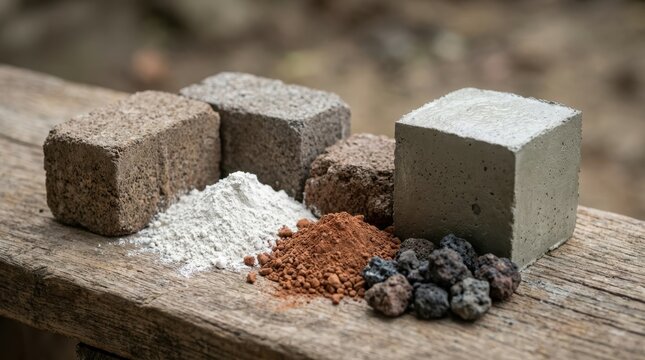 Geopolymer cement chemistry with limestone powder, calcined clay, slag aggregate and concrete cube showcasing low-carbon construction materials