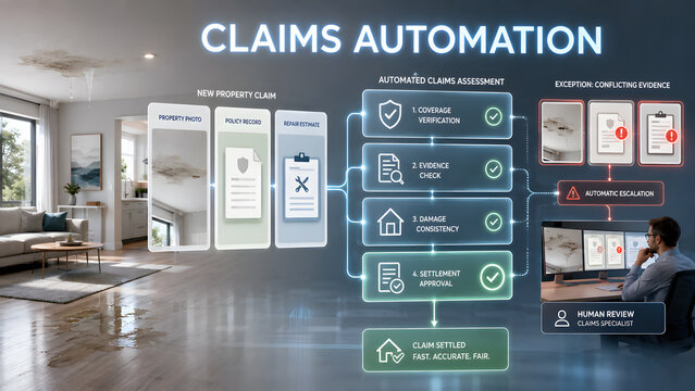 Automated claims assessment interface showing property damage inspection, policy verification, automated approval steps, and escalation for specialist review.