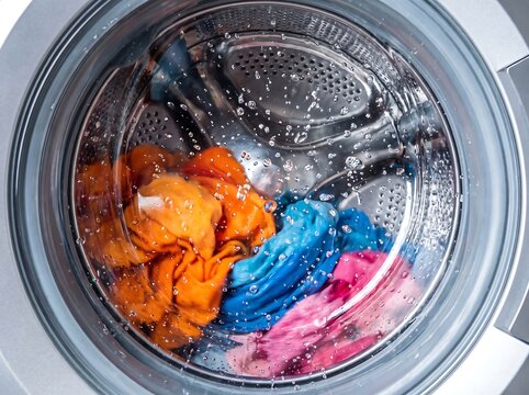 Assorted bright colored laundry spinning and washing inside a modern front load washing machine with colorful appliance housework cleaning domestic detergent