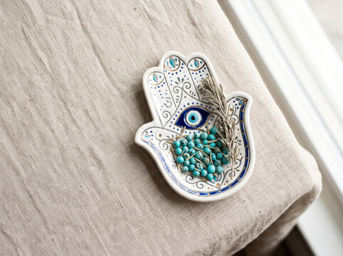 Hamsa hand ceramic dish with turquoise stones and dried rosemary on a neutral linen tablecloth, flat lay top view symbolizing protection and healing