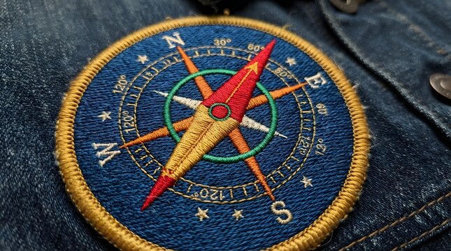Embroidered compass patch with cardinal directions on a blue denim fabric background