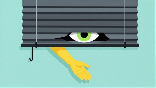 Eye peeking through blinds, hand below, symbolizing observation or surveillance.