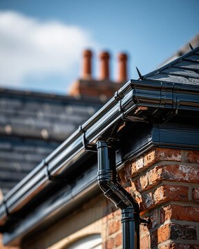 Close-up of a black gutter system on a traditional brick house with tiled roof and chimneys