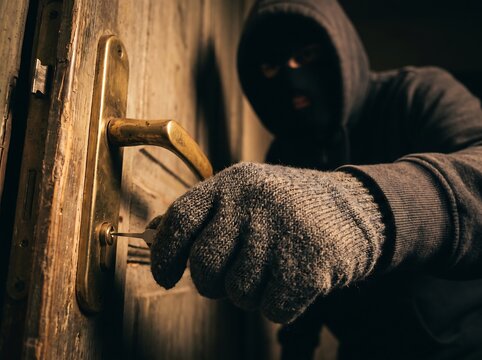 Burglar wearing black hoodie and mask picking a lock on wooden door with break in criminal lockpicking doorknob stealing break in security suspicious building