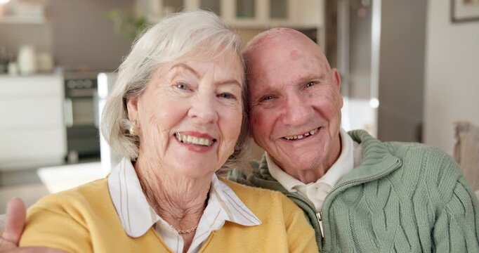 Selfie, face and senior couple on sofa with embrace for affection, marriage and memory in home. Retirement, pov and elderly man and woman hug for picture, happy relationship and love with portrait