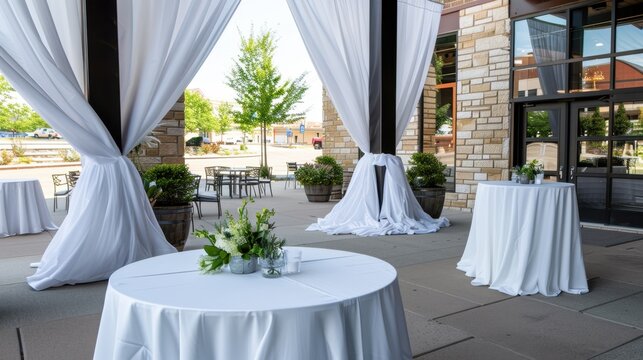 Elegant outdoor event space with white drapes and round tables set for a celebration in a sunny urban location