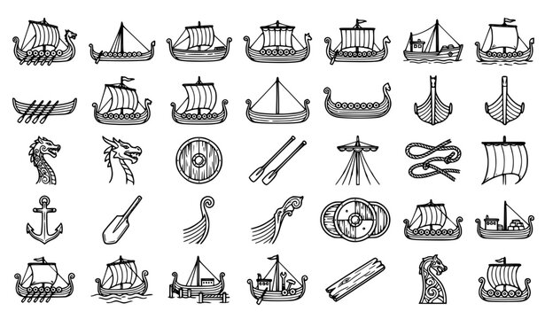 Ancient Viking Ship Outline Icons Norse Longship Maritime Vector Collection