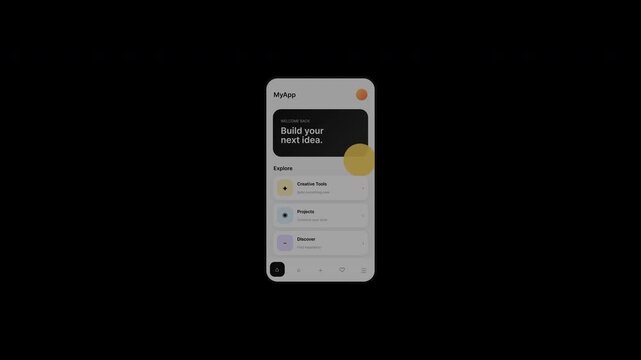 Smartphone app interface screens floating on black background