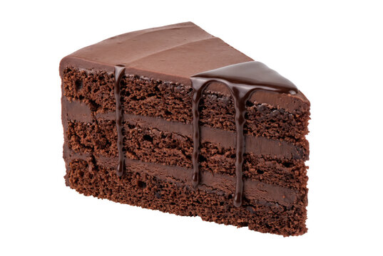 Triple Layer Decadent Chocolate Cake Slice with Drizzled Syrup