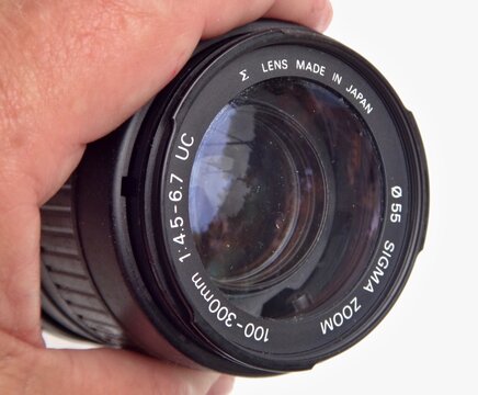 Hand holding Sigma zoom camera lens equipment