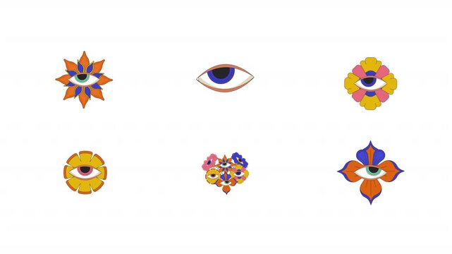 Mystical floral eyes cartoon animation pack. Psychedelic flower petals and botanical shapes. Surreal decorative symbols animated flat 4K video collection isolated on transparent background