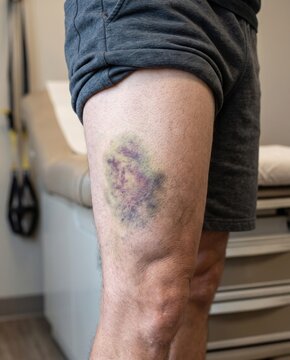 Large dark purple and blue hematoma bruise on a human lower leg in a clinical examination setting