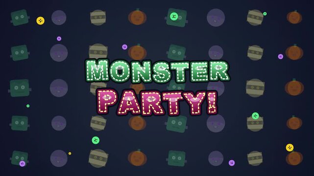 Monster party text on dark background with spooky animated icons