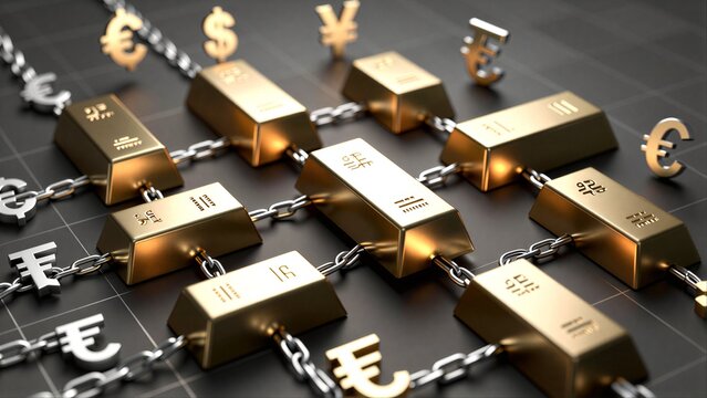 Gold bars linked by chains with currency symbols, symbolizing global financial interconnectedness.