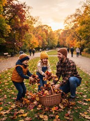 Fototapeta premium Father and two children playing with autumn leaves in a park.
