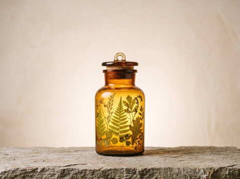 Vintage amber glass apothecary jar filled with pressed botanical leaves and flowers resting on a rustic stone ledge against a neutral textured wall background