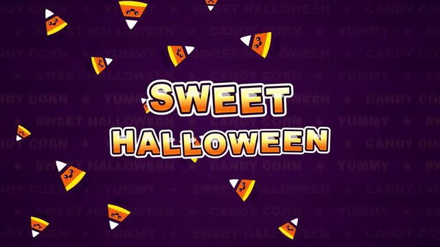 Sweet halloween text animation with falling candy corn over purple