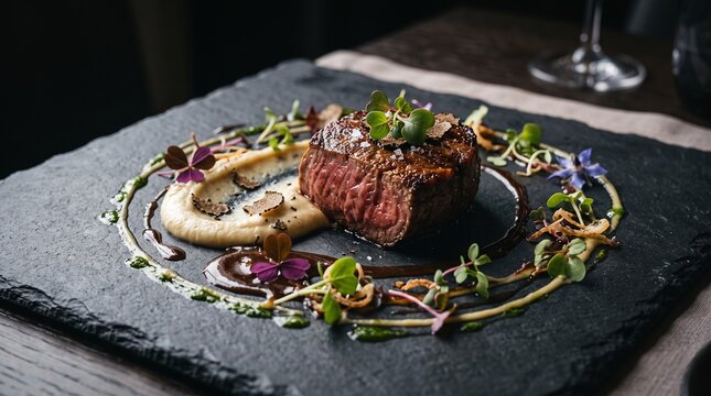 Gourmet beef steak served with truffle pur&eacute;e and fresh herb garnish on elegant black stone dinner plate.