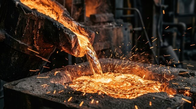 Molten copper pouring through a foundry channel into a mold with sparks and glowing liquid metal texture