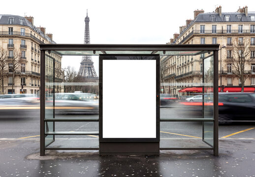 Billboard on bus shelter in Paris city Mockup. Generative ai